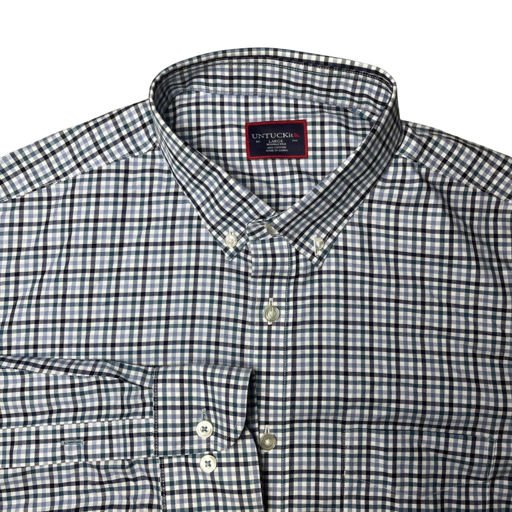 UNTUCKit Button Down Shirt Mens Large Blue White Gingham Plaid Wrinkle Free - Picture 1 of 9
